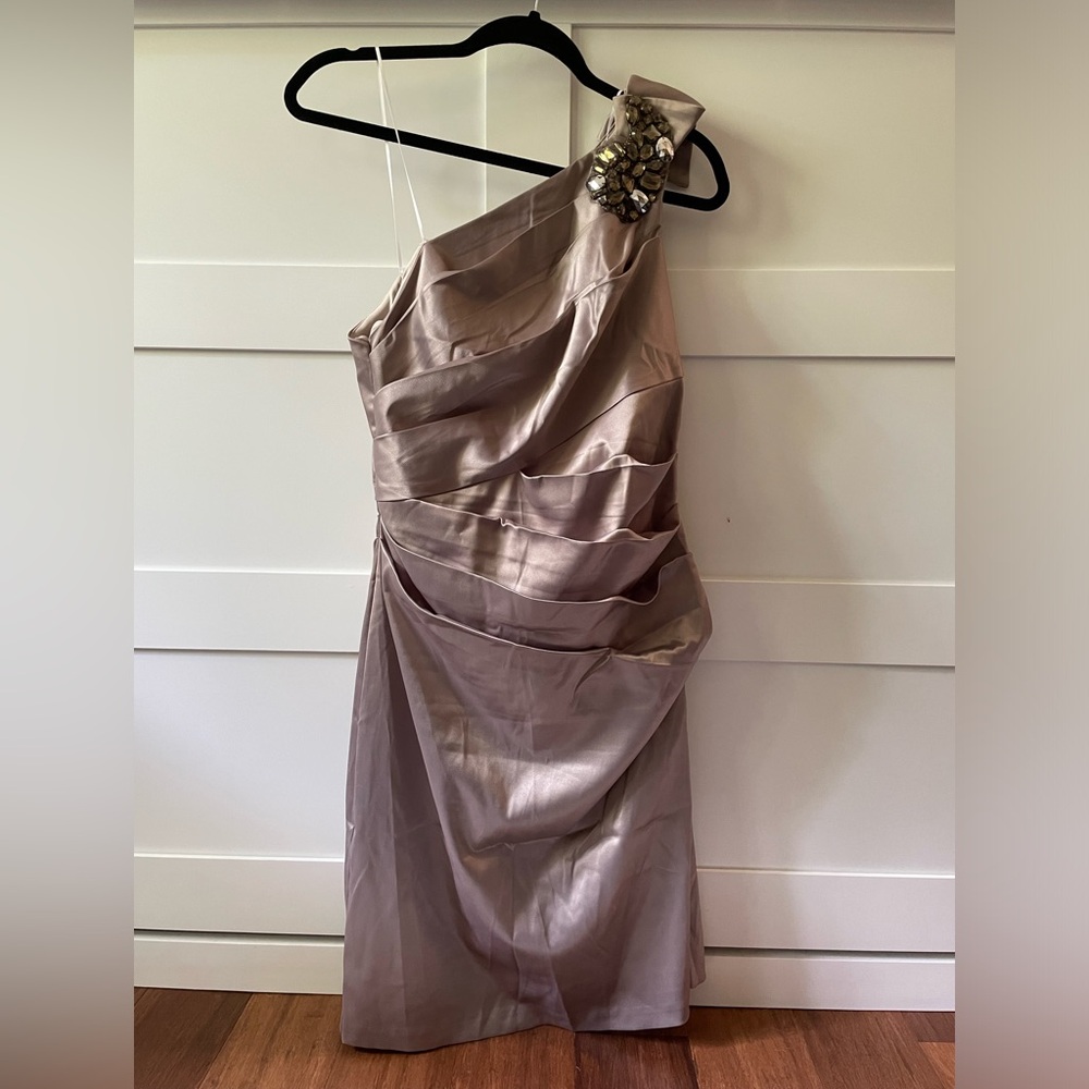 Grey ruched one shoulder cocktail dress